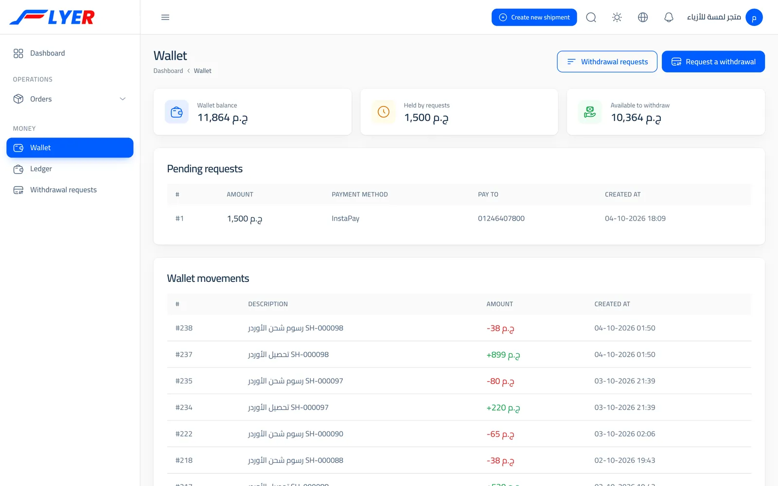A customer's wallet in Flyer: balance, withdrawal requests and movement